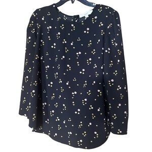 LOFT Black Beautiful Ditsy Floral Women's Blouse Gold Buttons on Back - Size L